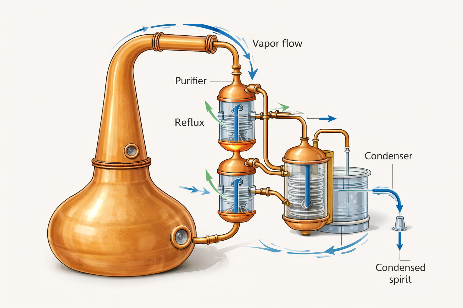 Technical diagram showing copper purifiers in a Scotch whisky pot still and their effect on vapor flow
